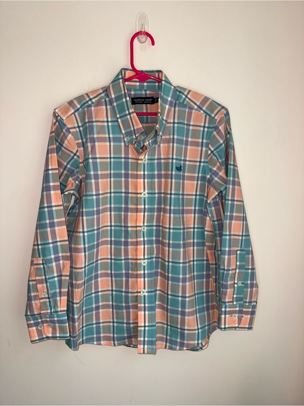 Southern Marsh Plaid Button-Down Shirt in Teal and Peach